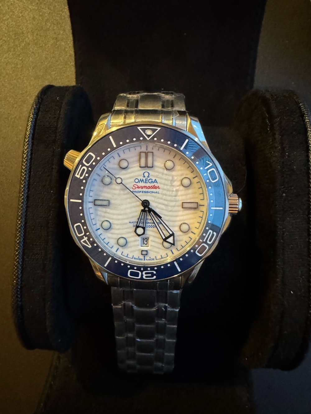 Omega Seamaster Blue Bezel White Dial Stainless Bracelet Watch (40mm)